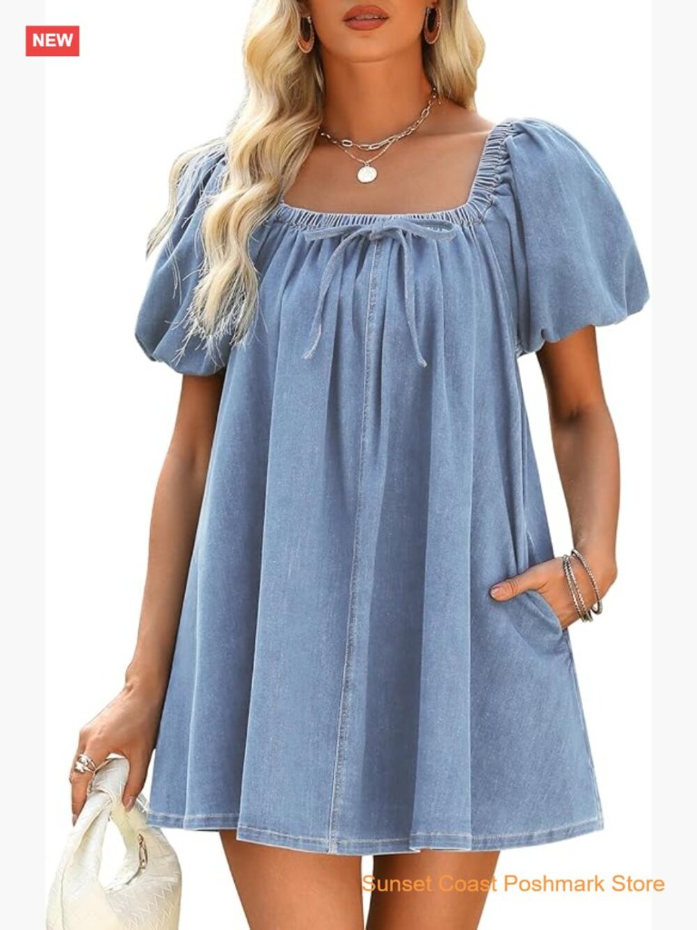 Puff Short Sleeve Denim Romper Square Neck Babydoll Dress Pockets